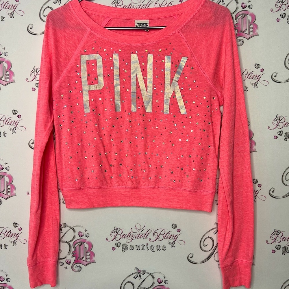 Victoria secret pink rhinestone bling pullover long sleeve neon pink silver y2k